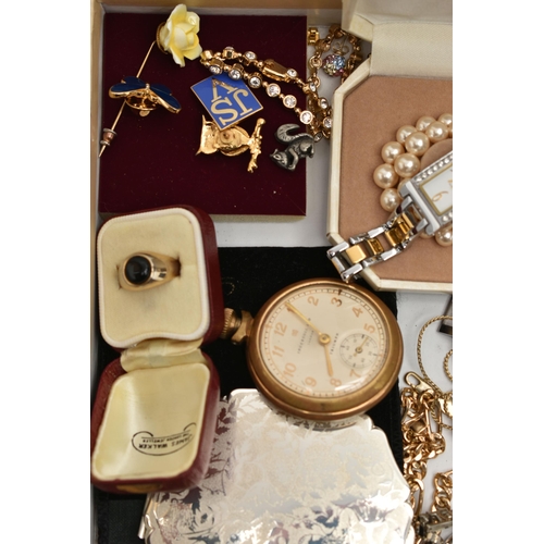 190 - A BOX OF ASSORTED JEWELLERY AND ITEMS, to include a 'Smiths' manual wind pocket watch, fitted with a... 