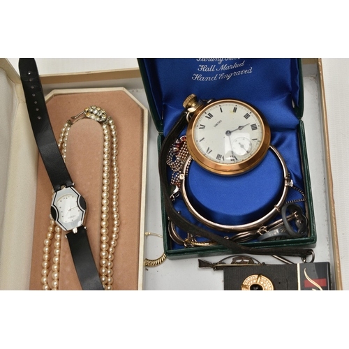 190 - A BOX OF ASSORTED JEWELLERY AND ITEMS, to include a 'Smiths' manual wind pocket watch, fitted with a... 