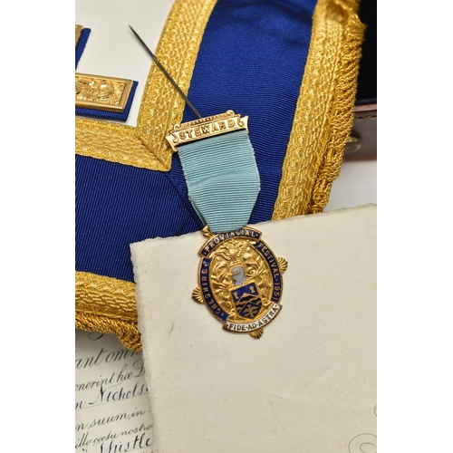 195 - A BRIEFCASE AND MASONIC REGALIA, brown briefcase together with a blue, white and gold detailed 'Worc... 