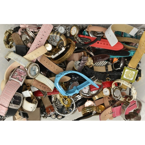 197 - A PLASTIC BOX OF ASSORTED WRISTWATCHES, ladys, gents and childrens wristwatches, names to include 'N... 