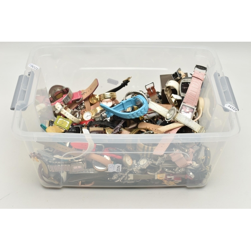 197 - A PLASTIC BOX OF ASSORTED WRISTWATCHES, ladys, gents and childrens wristwatches, names to include 'N... 