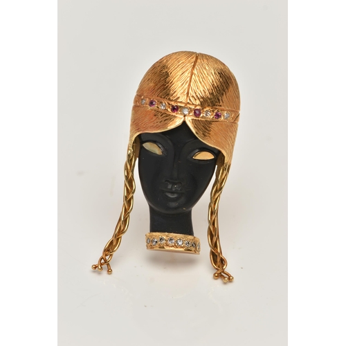 20 - AN 18CT GOLD BLACKAMOOR STYLE BROOCH, depicting a front profile of a lady, headband set with a row o... 