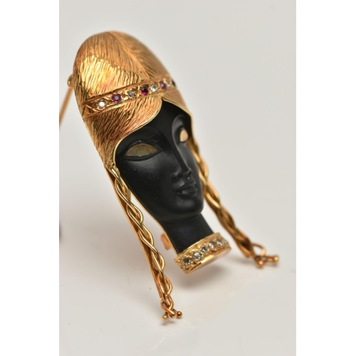 20 - AN 18CT GOLD BLACKAMOOR STYLE BROOCH, depicting a front profile of a lady, headband set with a row o... 