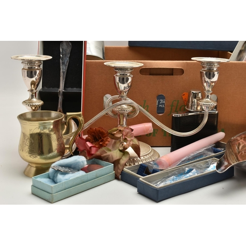 200 - A BOX OF ASSORTED ITEMS, to include two pewter tankards, an ENPS oval dish, an Alpha plate three bra... 