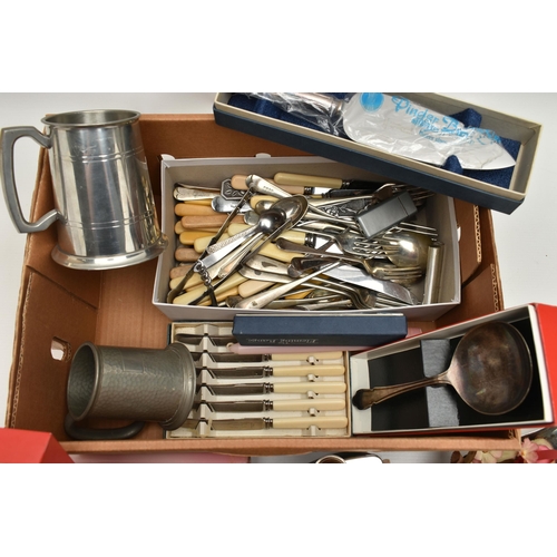 200 - A BOX OF ASSORTED ITEMS, to include two pewter tankards, an ENPS oval dish, an Alpha plate three bra... 