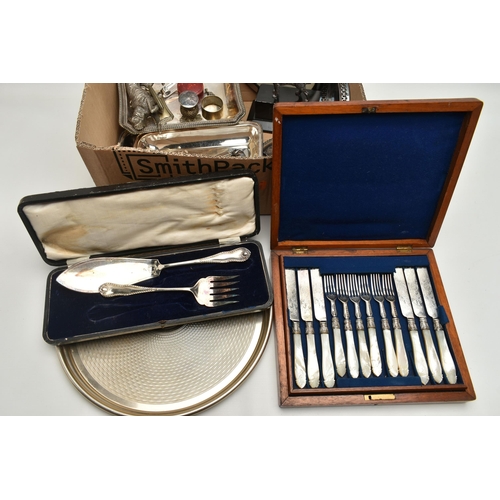 204 - A BOX OF ASSORTED WHITE METAL WARE, to include a circular tray, a canteen of tea knives and forks ea... 