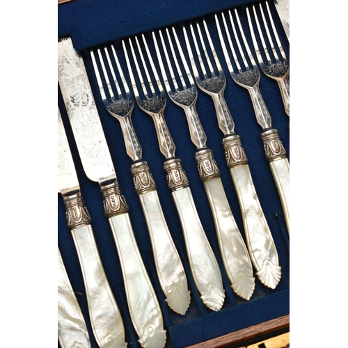 204 - A BOX OF ASSORTED WHITE METAL WARE, to include a circular tray, a canteen of tea knives and forks ea... 