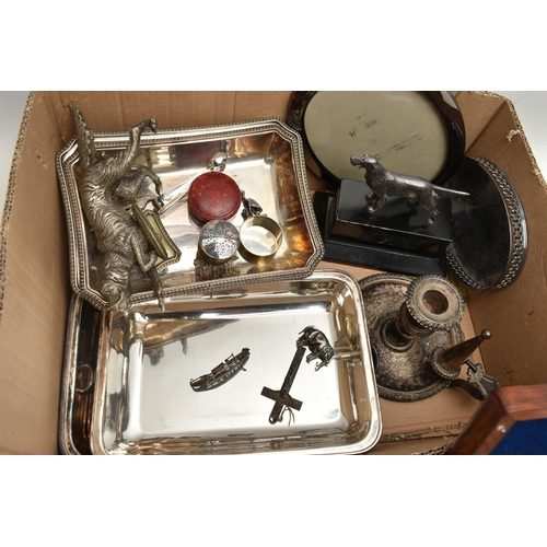 204 - A BOX OF ASSORTED WHITE METAL WARE, to include a circular tray, a canteen of tea knives and forks ea... 