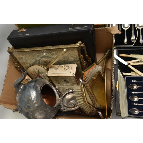 205 - TWO BOXES OF ASSORTED WHITE METAL WARE, to include a three piece tea set comprising of a teapot, mil... 