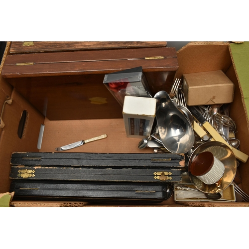 205 - TWO BOXES OF ASSORTED WHITE METAL WARE, to include a three piece tea set comprising of a teapot, mil... 