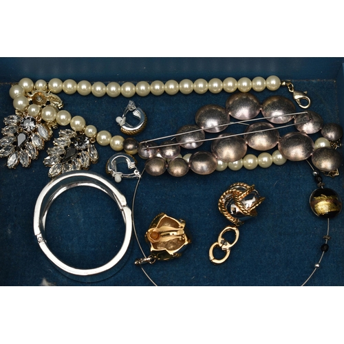 207 - A BOX OF ASSORTED COSTUME JEWELLERY AND GLASSES, to include a 'Jaeger' necklace, two pairs of Grosse... 