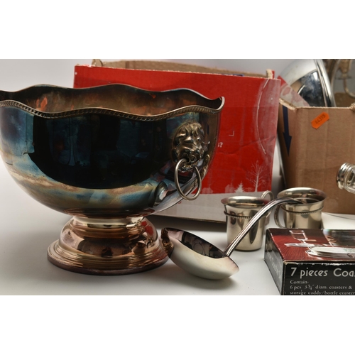 208 - TWO BOXES OF ASSORTED WHITE METAL WARE, to include a boxed 'Arthur Price' coaster, a three branch si... 