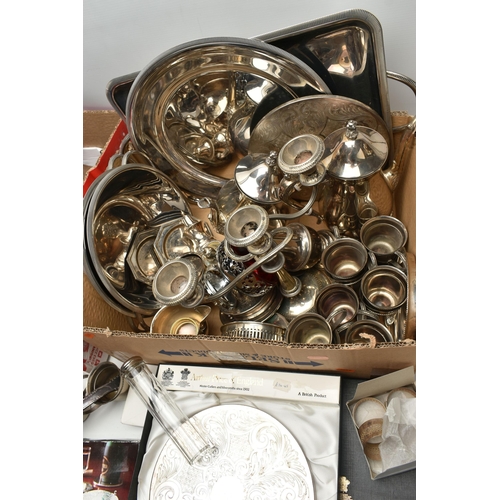 208 - TWO BOXES OF ASSORTED WHITE METAL WARE, to include a boxed 'Arthur Price' coaster, a three branch si... 