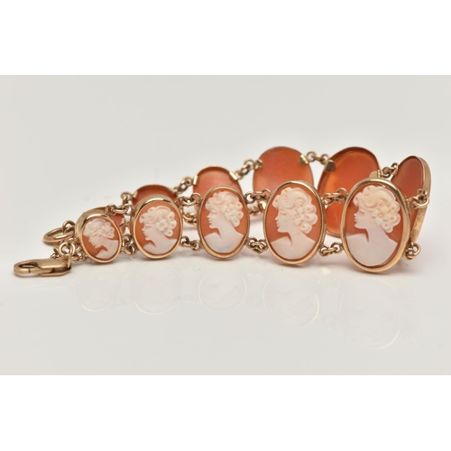 32 - A 9CT GOLD, CAMEO BRACELET, designed as a series of eleven oval carved shell cameos, each depicting ... 