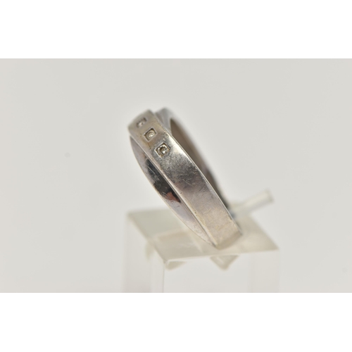 35 - A 9CT WHITE GOLD DIAMOND RING, crossed band design set with a row of five small round brilliant cut ... 