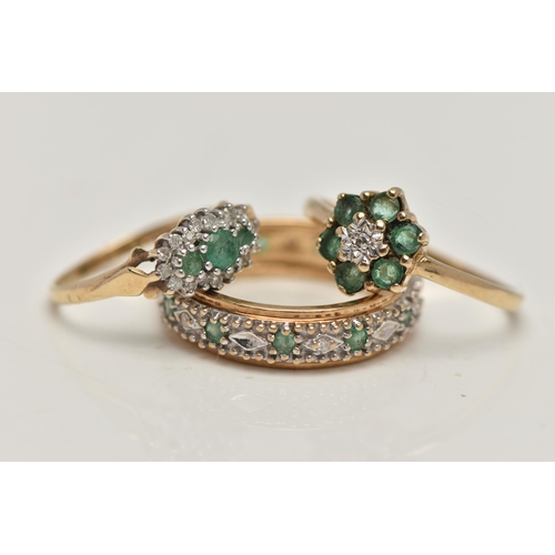 37 - THREE GEM SET RINGS, the first a full eternity band set with emeralds and small single cut diamonds,... 