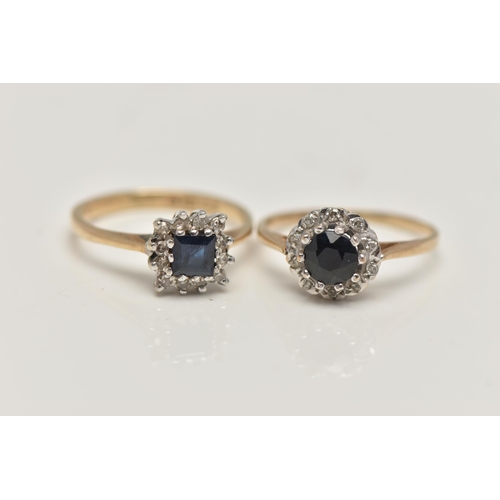 38 - TWO SAPPHIRE AND DIAMOND CLUSTER RINGS, the first of a square form set with a deep blue, square cut ... 