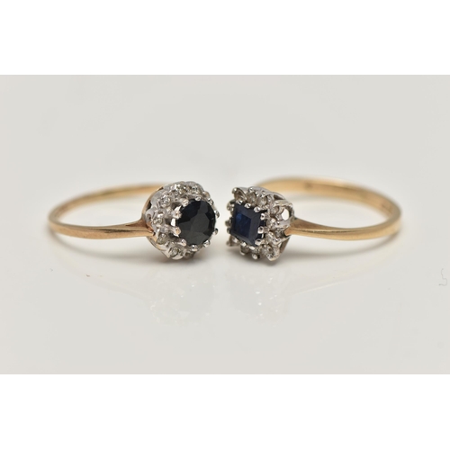 38 - TWO SAPPHIRE AND DIAMOND CLUSTER RINGS, the first of a square form set with a deep blue, square cut ... 