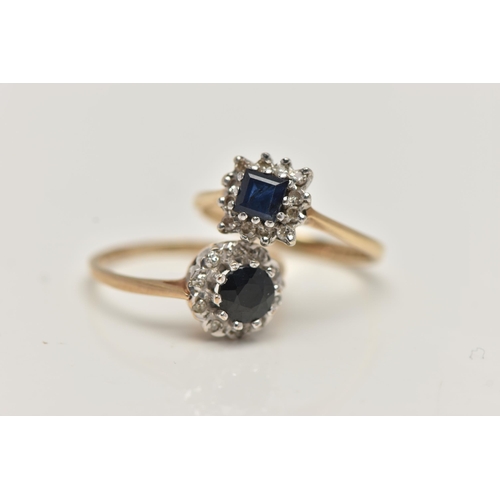 38 - TWO SAPPHIRE AND DIAMOND CLUSTER RINGS, the first of a square form set with a deep blue, square cut ... 