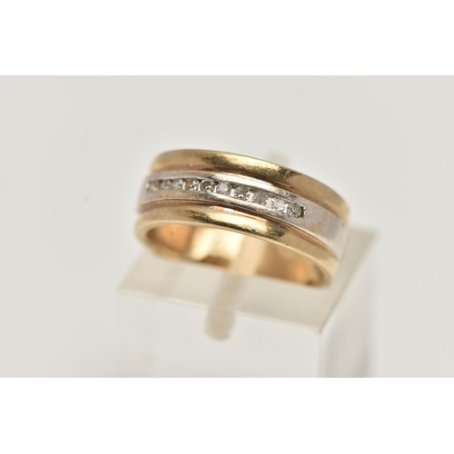 39 - A 9CT GOLD WIDE BAND RING, bi-colour wide band, set with a row of channel set single cut diamonds, s... 