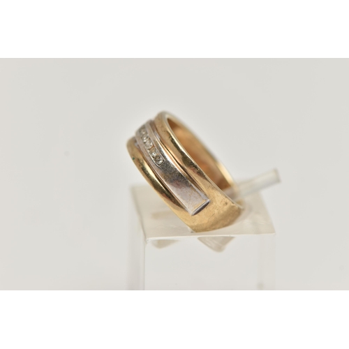 39 - A 9CT GOLD WIDE BAND RING, bi-colour wide band, set with a row of channel set single cut diamonds, s... 