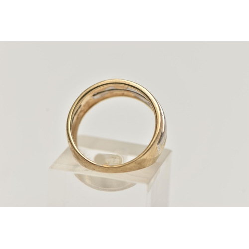 39 - A 9CT GOLD WIDE BAND RING, bi-colour wide band, set with a row of channel set single cut diamonds, s... 