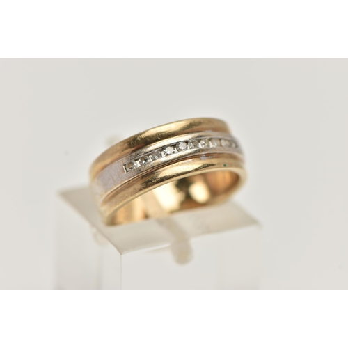 39 - A 9CT GOLD WIDE BAND RING, bi-colour wide band, set with a row of channel set single cut diamonds, s... 