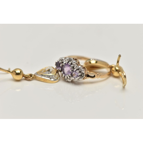 40 - A 9CT GOLD AMETHYST AND DIAMOND RING, AND A PAIR OF DROP EARRINGS, the ring designed with three grad... 