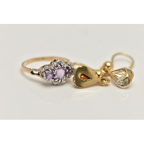 40 - A 9CT GOLD AMETHYST AND DIAMOND RING, AND A PAIR OF DROP EARRINGS, the ring designed with three grad... 