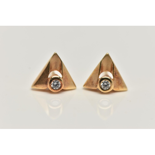 42 - A PAIR OF YELLOW METAL DIAMOND EARRINGS, each earring of a triangular form set with a small round br... 