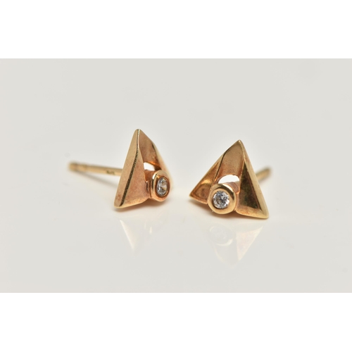 42 - A PAIR OF YELLOW METAL DIAMOND EARRINGS, each earring of a triangular form set with a small round br... 