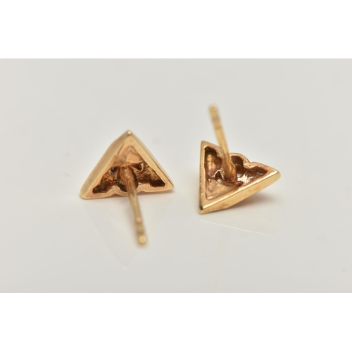 42 - A PAIR OF YELLOW METAL DIAMOND EARRINGS, each earring of a triangular form set with a small round br... 