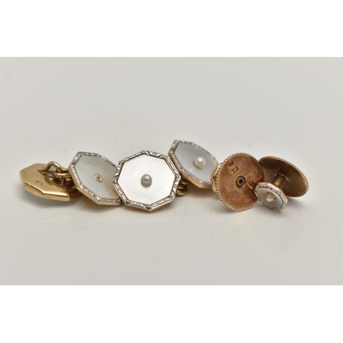 46 - A PAIR OF CUFFLINKS AND TWO DRESS STUDS, the cufflinks each designed with two mother of pearl panels... 