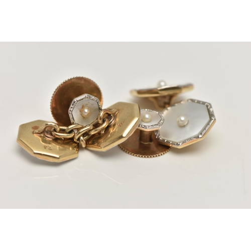 46 - A PAIR OF CUFFLINKS AND TWO DRESS STUDS, the cufflinks each designed with two mother of pearl panels... 