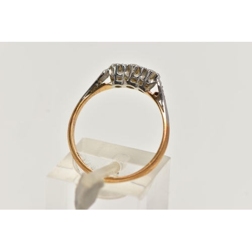 47 - A THREE STONE DIAMOND RING, three round brilliant cut diamonds, prong set in white metal leading on ... 