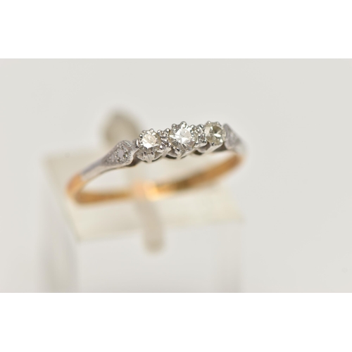 47 - A THREE STONE DIAMOND RING, three round brilliant cut diamonds, prong set in white metal leading on ... 