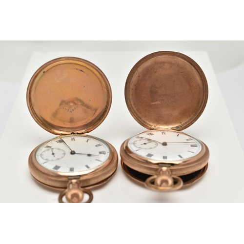 53 - TWO GOLD PLATED FULL HUNTER POCKET WATCHES, the first a hand wound movement, round white dial, Roman... 