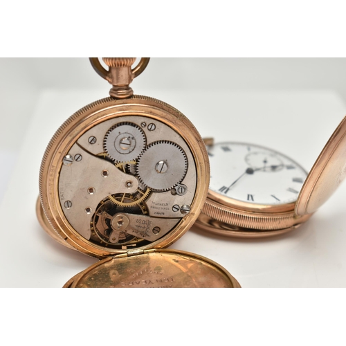 53 - TWO GOLD PLATED FULL HUNTER POCKET WATCHES, the first a hand wound movement, round white dial, Roman... 