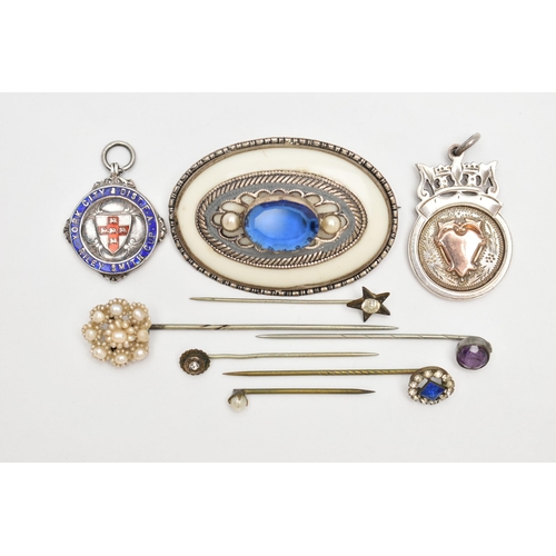 56 - AN ASSORTMENT OF SILVER AND WHITE METAL, to include a silver fob medallion with yellow metal cartouc... 