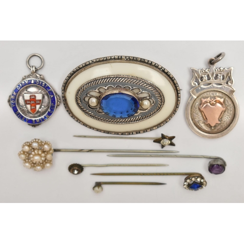 56 - AN ASSORTMENT OF SILVER AND WHITE METAL, to include a silver fob medallion with yellow metal cartouc... 