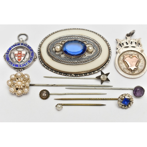 56 - AN ASSORTMENT OF SILVER AND WHITE METAL, to include a silver fob medallion with yellow metal cartouc... 