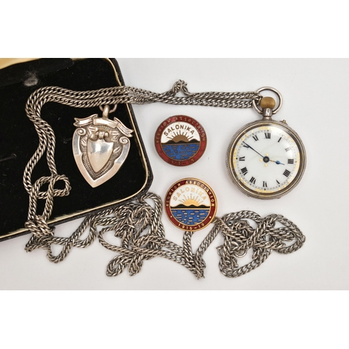 57 - AN ASSORTMENT OF ITEMS, to include a silver fob medallion, hallmarked Birmingham 1931, approximate g... 