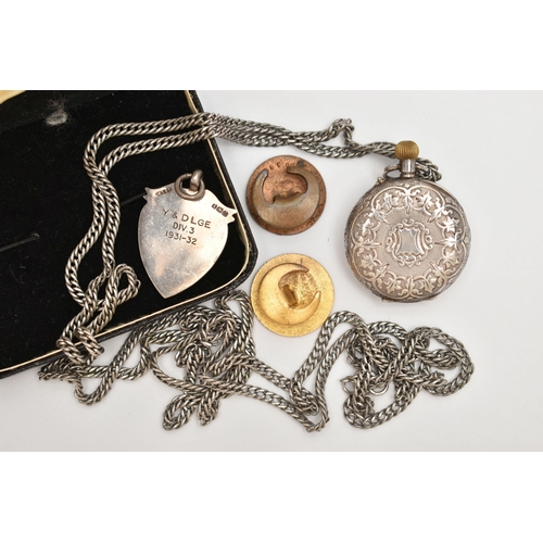 57 - AN ASSORTMENT OF ITEMS, to include a silver fob medallion, hallmarked Birmingham 1931, approximate g... 