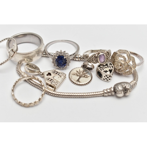 60 - AN ASSORTMENT OF JEWELLERY, to include a signed 'Pandora' bracelet, two 'Pandora' charms and a wide ... 