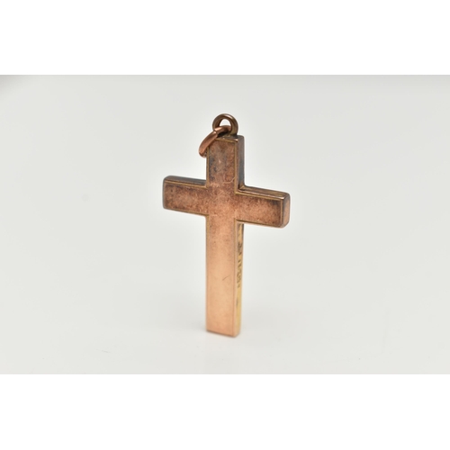 102 - A YELLOW METAL CROSS PENDANT, polished cross, stamped 15ct, fitted with a jump ring for suspension, ... 