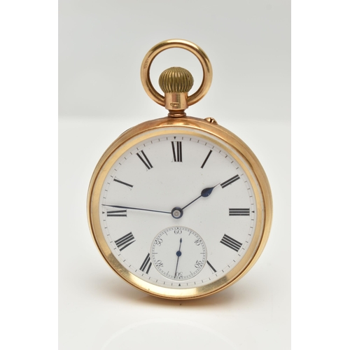 104 - AN EARLY 20TH CENTURY, 18CT GOLD OPEN FACE POCKET WATCH, manual wind, round white dial, Roman numera... 