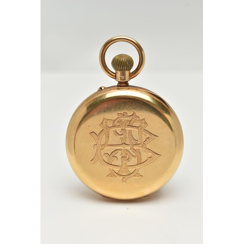 104 - AN EARLY 20TH CENTURY, 18CT GOLD OPEN FACE POCKET WATCH, manual wind, round white dial, Roman numera... 