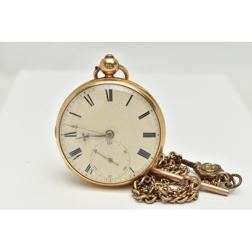 105 - AN 18CT GOLD OPEN FACE POCKET WATCH, key wound, round cream dial, Roman numerals, subsidiary seconds... 