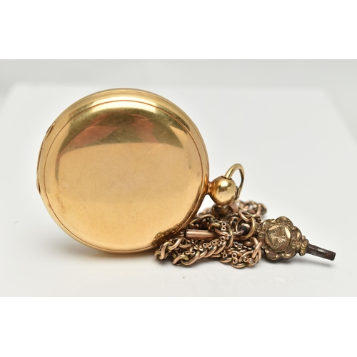 105 - AN 18CT GOLD OPEN FACE POCKET WATCH, key wound, round cream dial, Roman numerals, subsidiary seconds... 