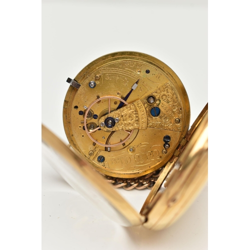 105 - AN 18CT GOLD OPEN FACE POCKET WATCH, key wound, round cream dial, Roman numerals, subsidiary seconds... 